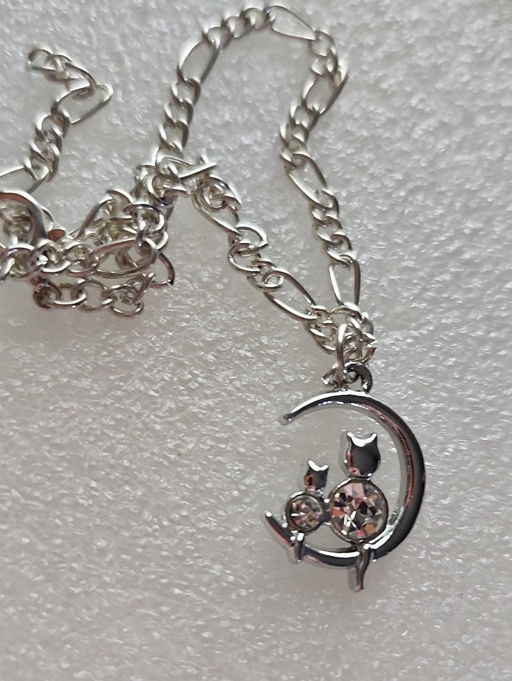 Hand Crafted Silver Cat Moon Bracelet / Anklet with Crystal Accents